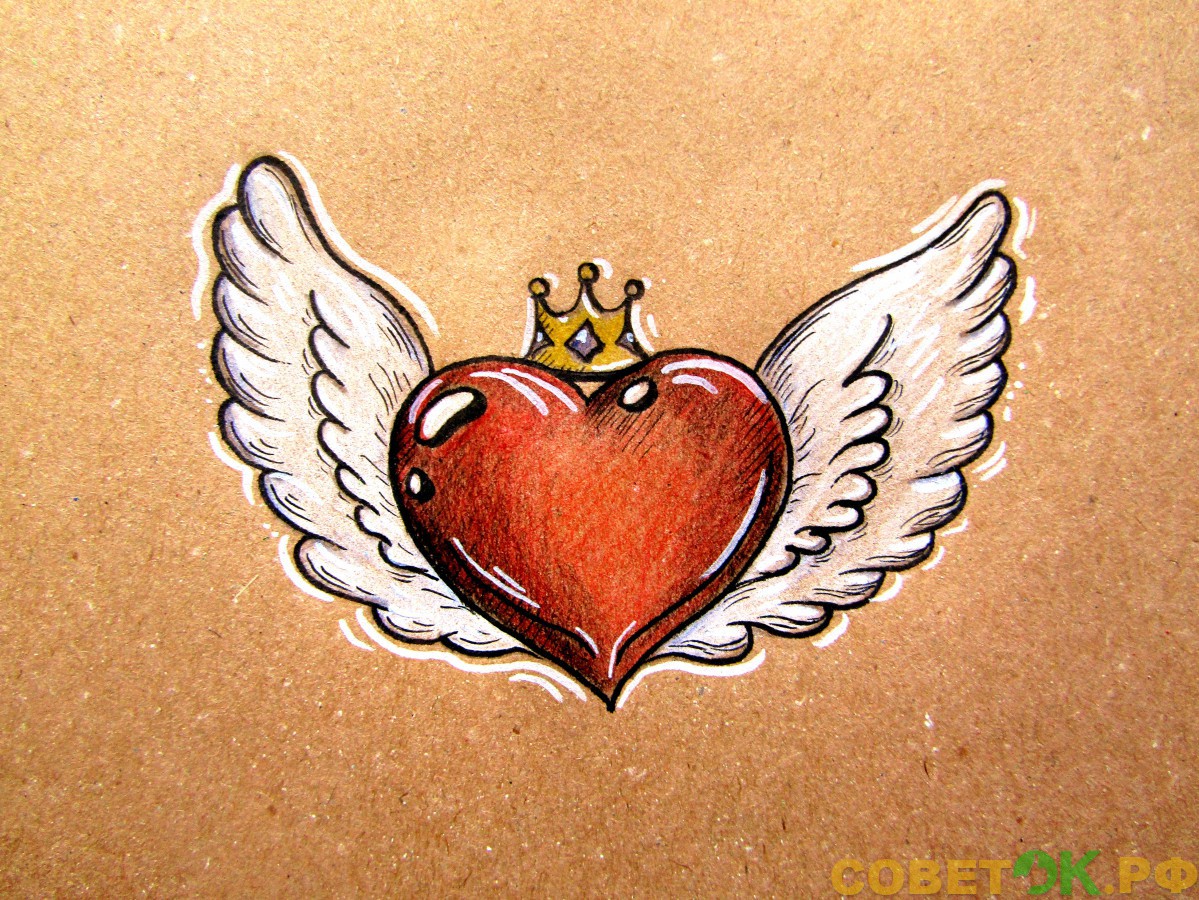 Как поэтапно нарисовать сердце с крыльями: валентинка на День святого Валентина