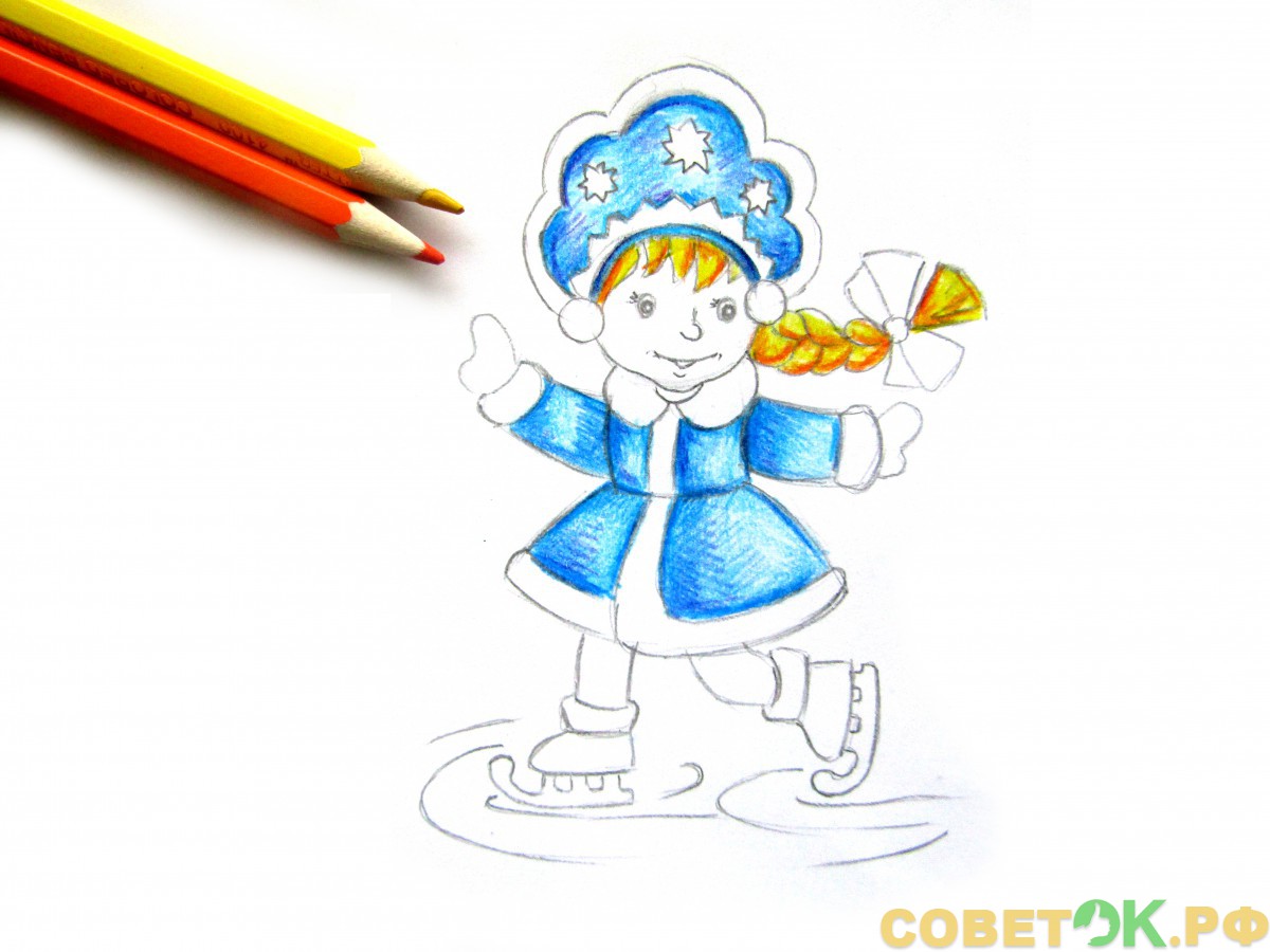 Рисование Снегурочки цветными карандашами для детей